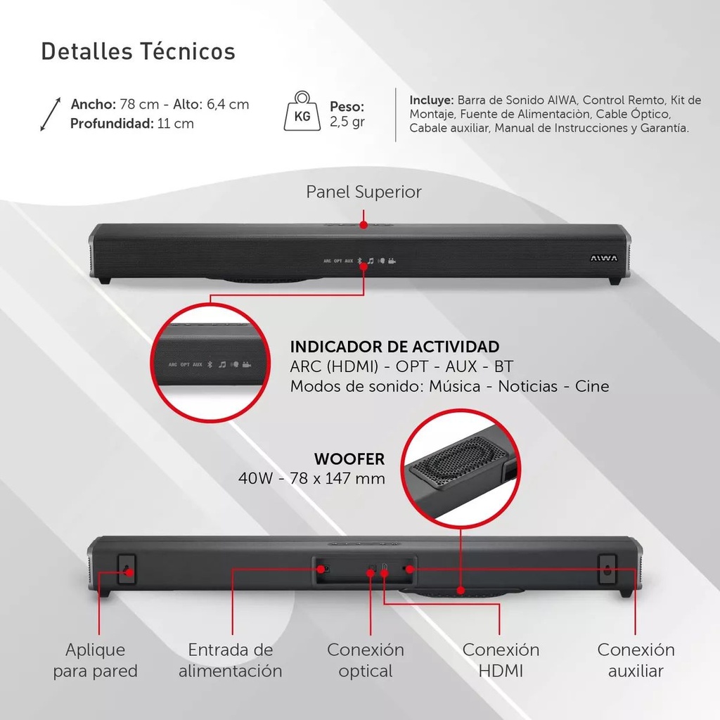 BARRA DE SONIDO AIWA AW-BS780N BT 40W+2X25W