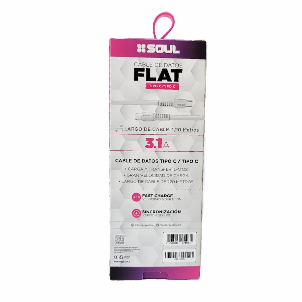 CABLE DE DATOS SOUL FLAT USB-FCCBL TIPO C-TIPO C 1.2M