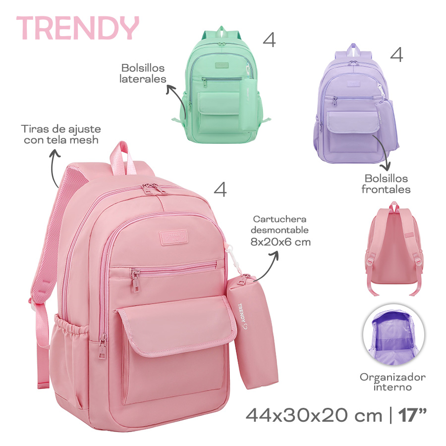 MOCHILA C/CARTUCHERA TRENDY 18560  17" ROSA