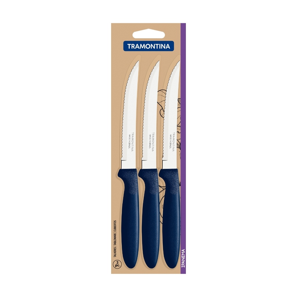 CUCHILLOS P/ASADO TRAMONTINA 23360/315 IPANEMA 3PZS AZUL