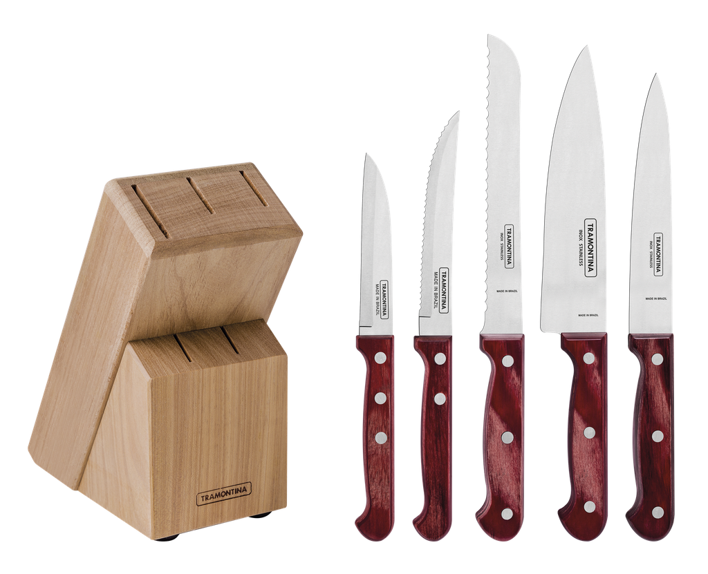 JUEGO DE CUCHILLOS TRAMONTINA 21199/783 POLYWOOD 6PZS CON TACO MADERA ROJO