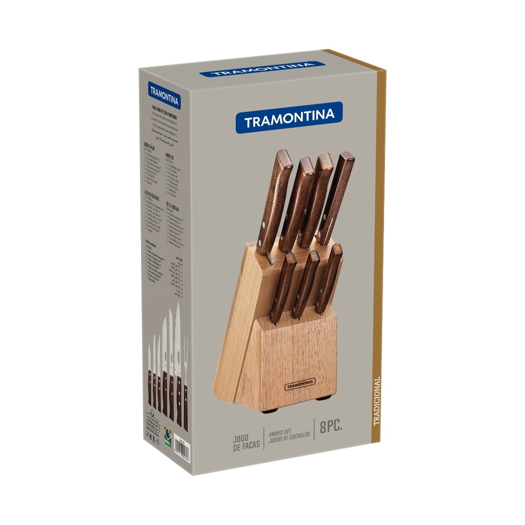 JUEGO DE CUCHILLOS TRAMONTINA 22299/026 TRADICIONAL 8PZS CON TACO MADERA NATURAL